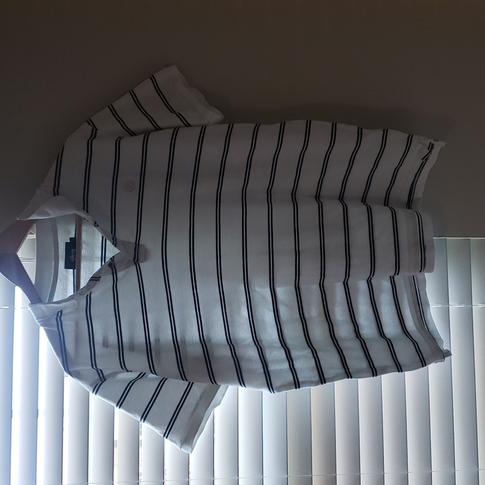 Black and white striped polo large
